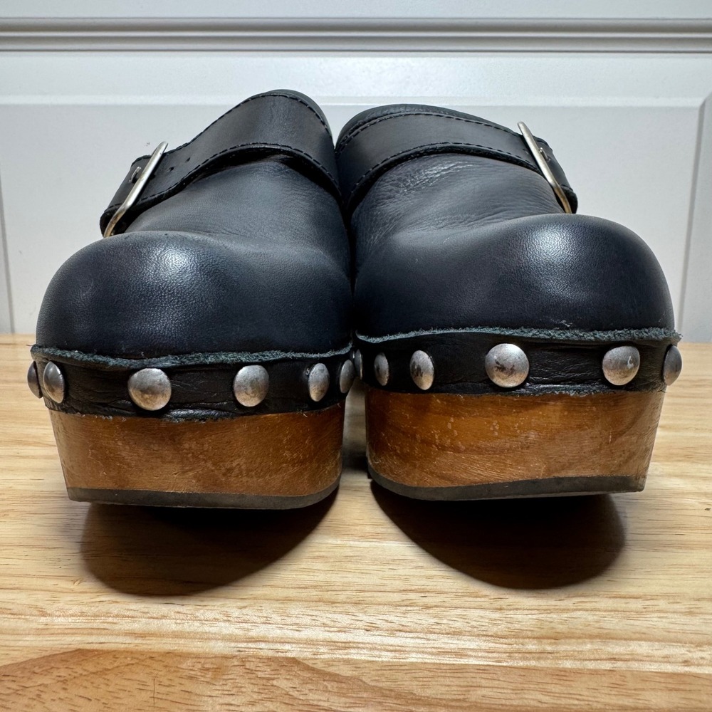 Free People Black Leather Studded Buckle Wood Platform Clogs Made in Spain 38 - Picture 13 of 16
